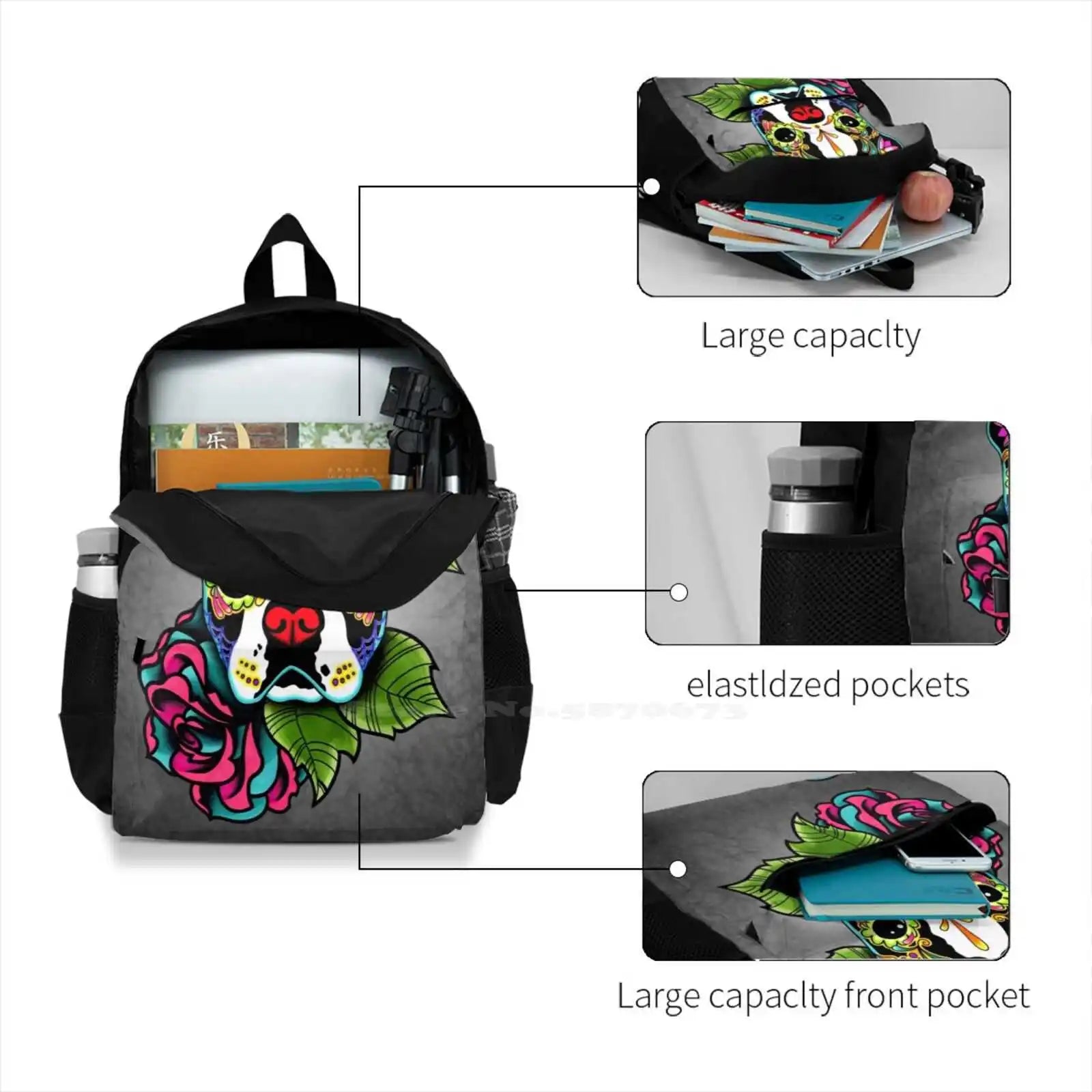 Boston Terrier In - Of The Dead Sugar Skull Dog Backpacks
