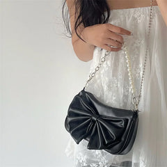 Y2K Bow Love Chain Shoulder Bag PU Leather Hot Girl Style Small Handbag