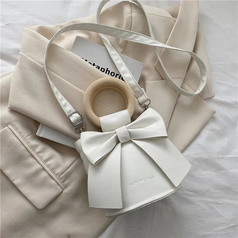 Bow Tie Round Handle Mini PU Leather Crossbody Bag Women Shoulder Totes