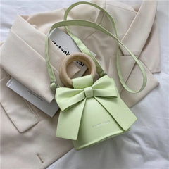 Bow Tie Round Handle Mini PU Leather Crossbody Bag Women Shoulder Totes