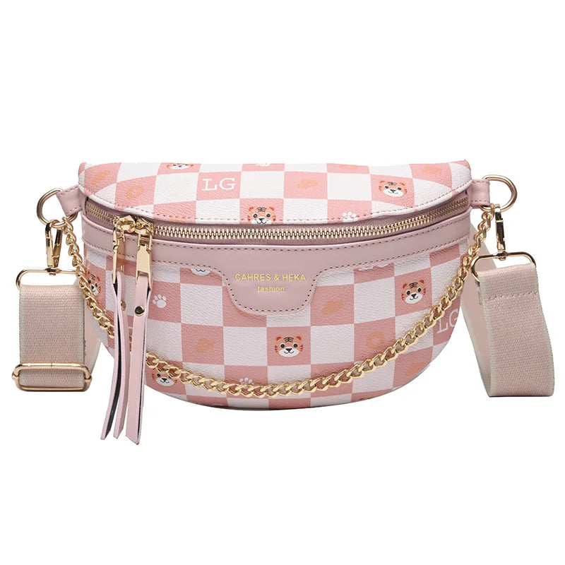 Chain Women's Fanny Pack Grid Leather Waist Bag Shoulder Crossbody Chest Bags