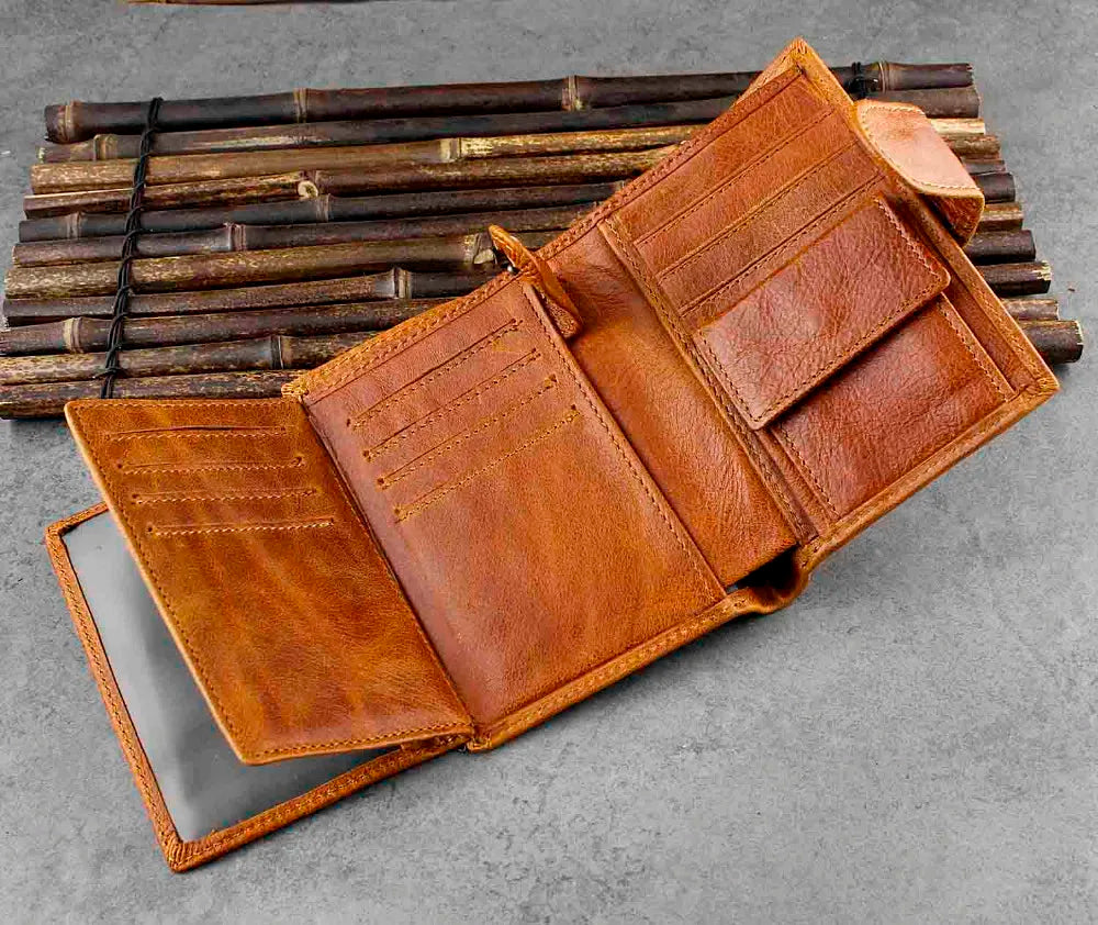 Real Leather Short Hasp Wallet Men Brown