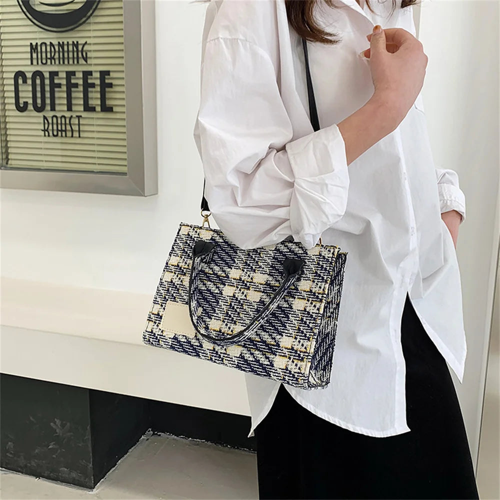Canvas Women's Shoulder Bag Crossbody Small Square Plaid Handbag