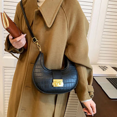 Crocodile Pattern Women's Shoulder Bag Lock Crossbody Bag Half Moon