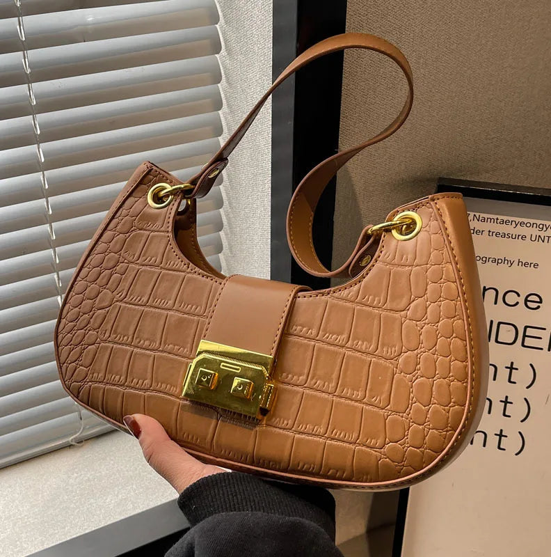 Crocodile Pattern Women's Shoulder Bag Lock Crossbody Bag