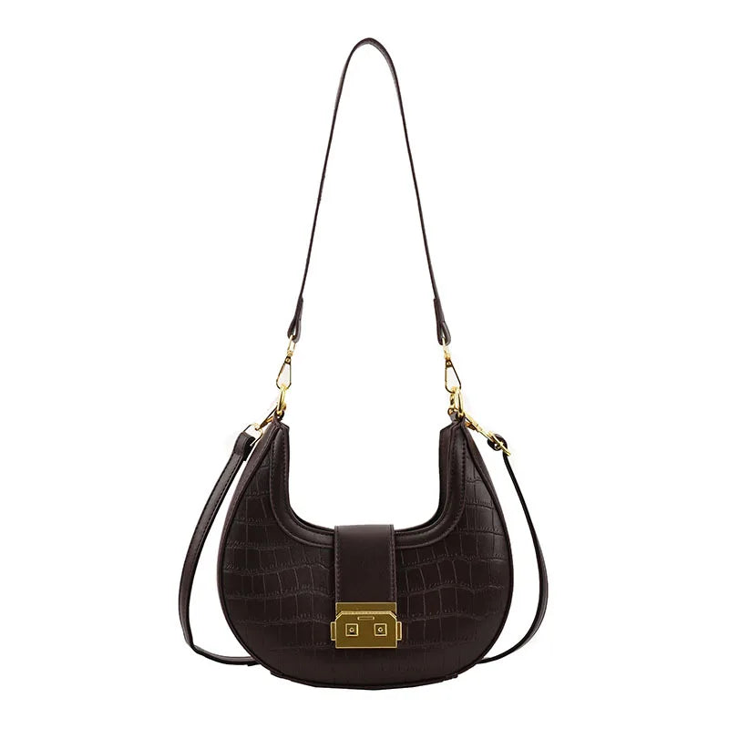 Crocodile Pattern Women's Shoulder Bag Lock Crossbody Bag Half Moon