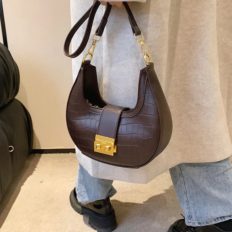Crocodile Pattern Women's Shoulder Bag Lock Crossbody Bag Half Moon
