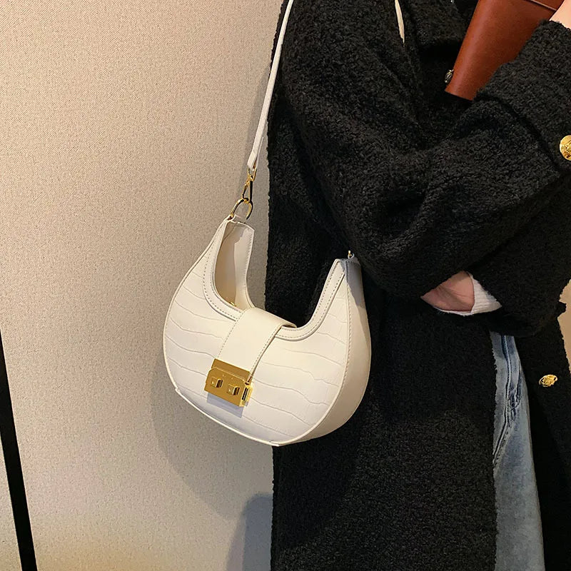 Crocodile Pattern Women's Shoulder Bag Lock Crossbody Bag Half Moon