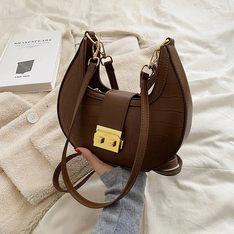 Crocodile Pattern Women's Shoulder Bag Lock Crossbody Bag Half Moon