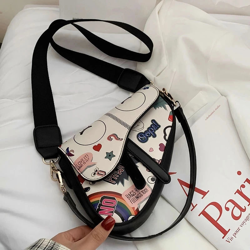 Graffiti Crossbody Bag for Women Wide Shoulder Strap Tote Bag