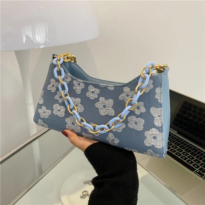 Floral Print Chain Crossbody Handbag Half Moon Shoulder Bag