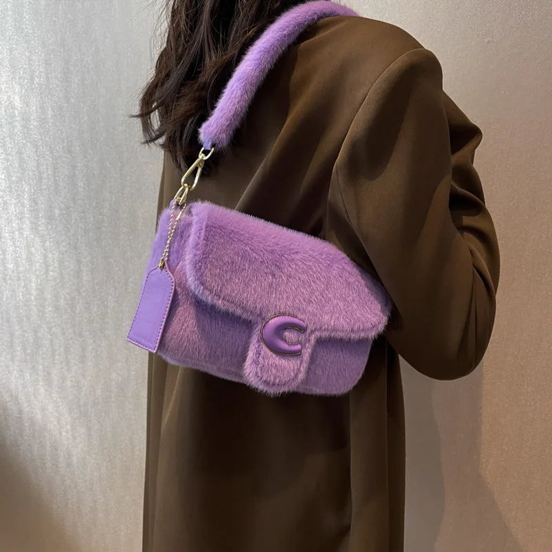 Fur Women's Crossbody Bag with Lock Flap