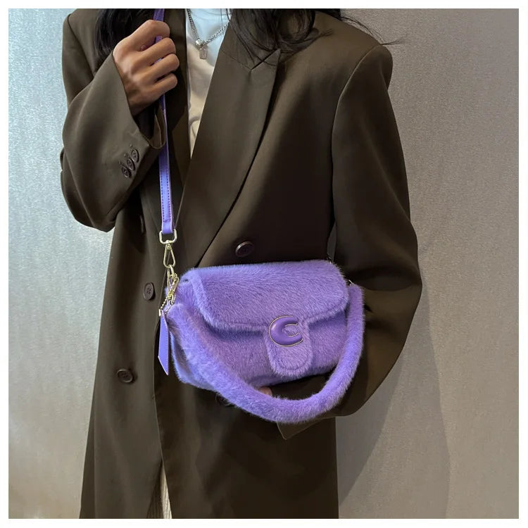 Fur Women's Crossbody Bag with Lock Flap