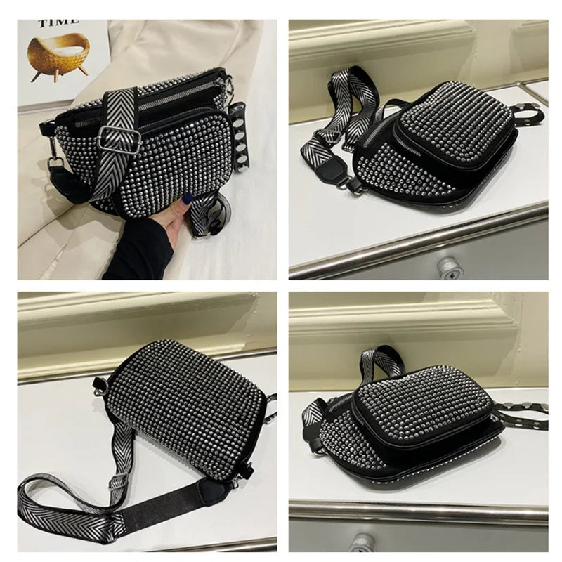 Women Leather Diamond Shoulder Bag Wide Strap Chest Bag Rhinestones Waist Pack
