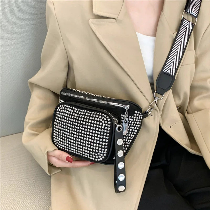 Women Leather Diamond Shoulder Bag Wide Strap Chest Bag Rhinestones Waist Pack