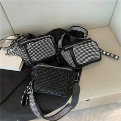 Women Leather Diamond Shoulder Bag Wide Strap Chest Bag Rhinestones Waist Pack