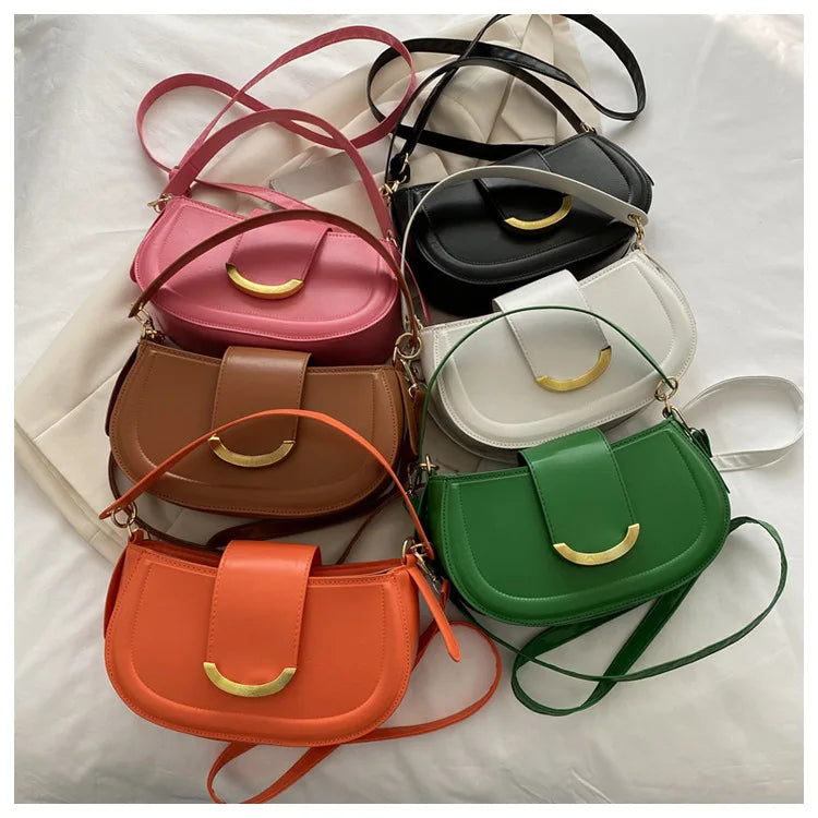 PU Leather Women's Shoulder Bag Lock Crossbody Bag Saddle Handbag