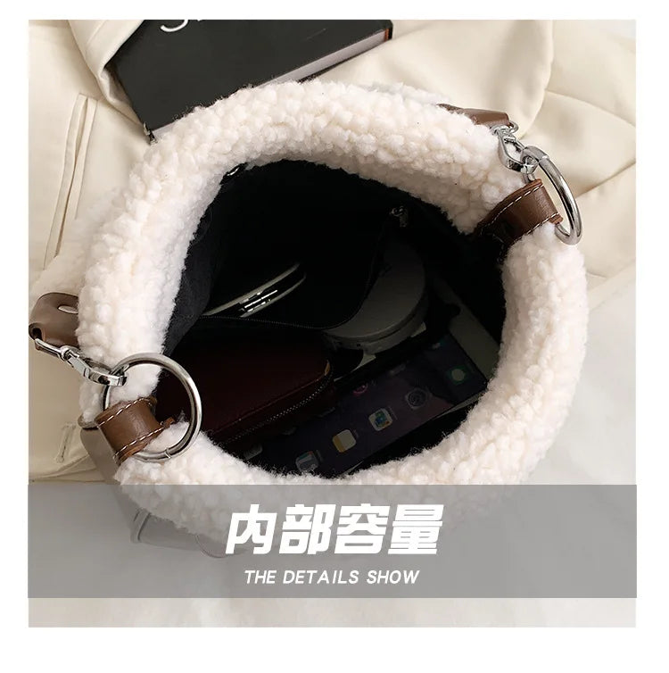 PU Leather Women's Shoulder Bag Fur Edge Crossbody Bag Bucket Handbag