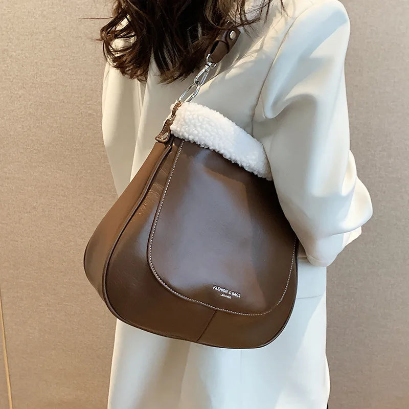 PU Leather Women's Shoulder Bag Fur Edge Crossbody Bag Bucket Handbag
