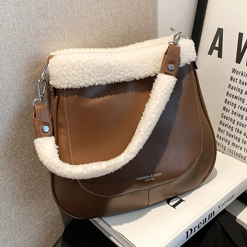 PU Leather Women's Shoulder Bag Fur Edge Crossbody Bag Bucket Handbag