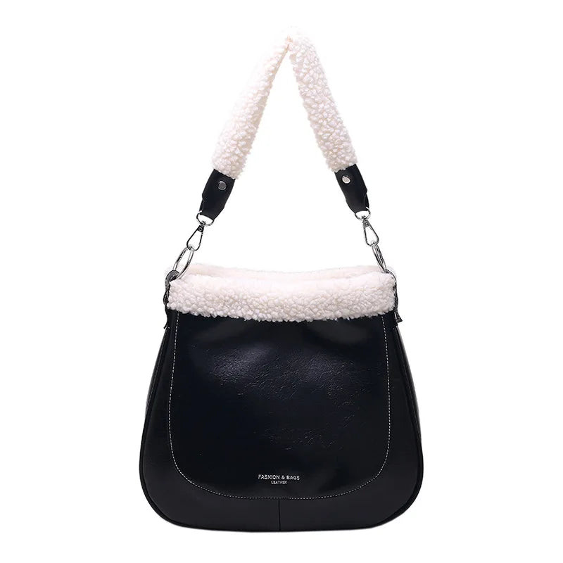 PU Leather Women's Shoulder Bag Fur Edge Crossbody Bag Bucket Handbag