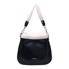 PU Leather Women's Shoulder Bag Fur Edge Crossbody Bag Bucket Handbag