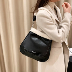 PU Leather Women's Shoulder Bag Fur Edge Crossbody Bag Bucket Handbag