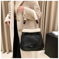 PU Leather Women's Shoulder Bag Fur Edge Crossbody Bag Bucket Handbag
