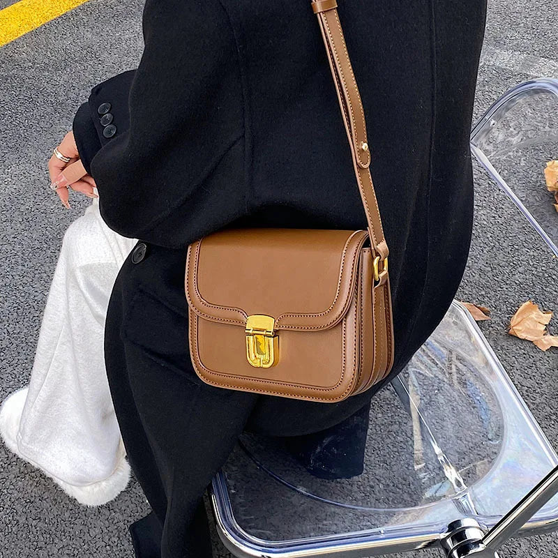 PU Leather Women's Shoulder Bag Retro Lock Crossbody Bag Flap Handbag