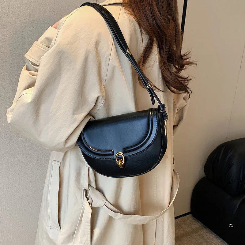 Retro Lock Crossbody Bag Saddle Handbag PU Leather Women's Shoulder Bag