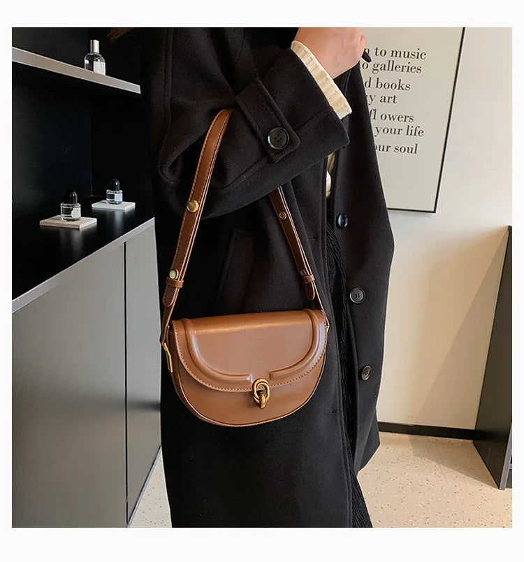Retro Lock Crossbody Bag Saddle Handbag PU Leather Women's Shoulder Bag