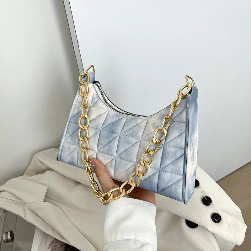 Plaid Quilted Women's Shoulder Bag Chain Crossbody Half Moon Handbag