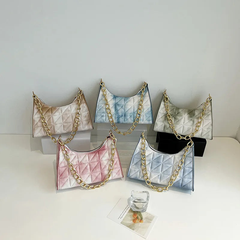 Plaid Quilted Women's Shoulder Bag Chain Crossbody Half Moon Handbag