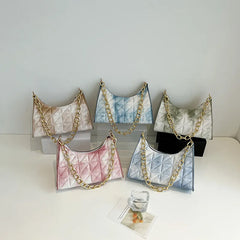 Plaid Quilted Women's Shoulder Bag Chain Crossbody Half Moon Handbag