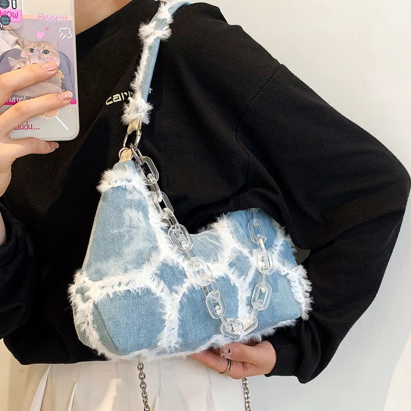 Plaid Quilted Women's Shoulder Bag Chain Half Moon Handbag