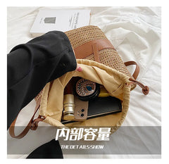 Straw Women's Shoulder Bag Contrast Crossbody Bag Bucket Handbag