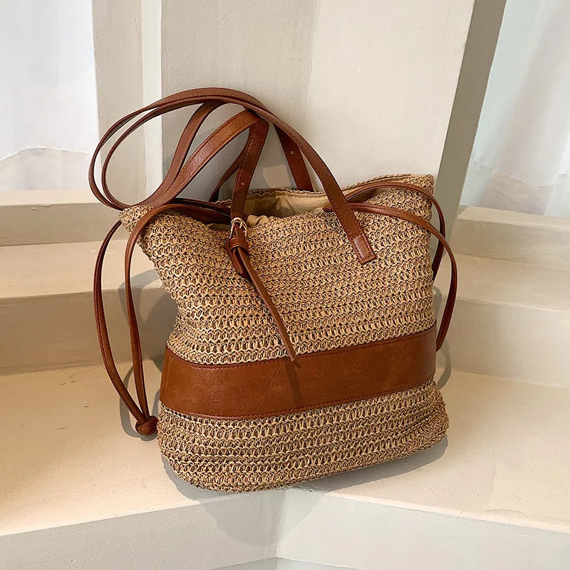 Straw Women's Shoulder Bag Contrast Crossbody Bag Bucket Handbag