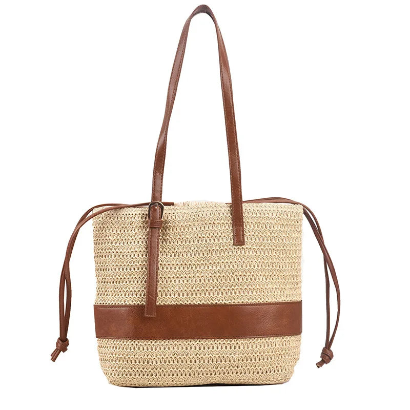 Straw Women's Shoulder Bag Contrast Crossbody Bag Bucket Handbag