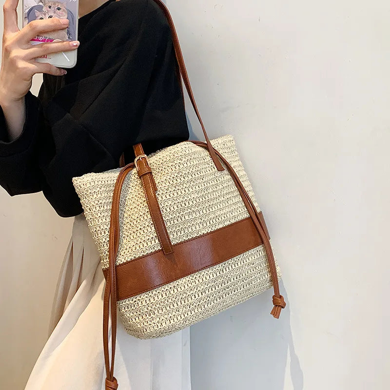 Straw Women's Shoulder Bag Contrast Crossbody Bag Bucket Handbag