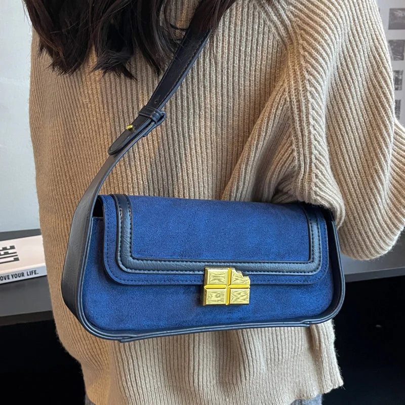 Suede Women's Shoulder Bag Retro Lock Crossbody Bag Handbag