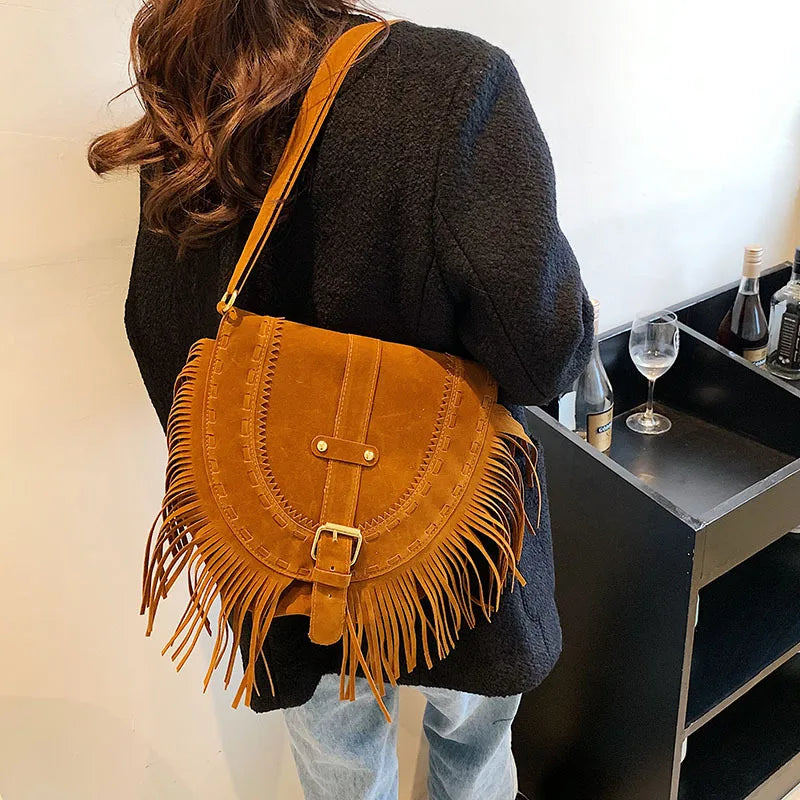 Suede Shoulder Bag Retro Lock Crossbody Handbag