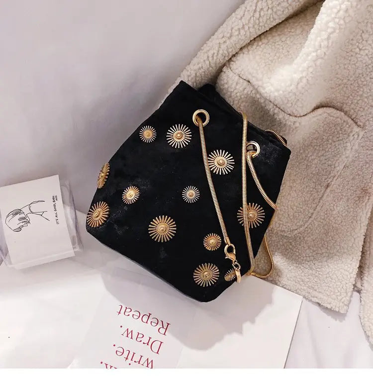 Velvet Shoulder Bag Rivet Crossbody Bucket Handbag