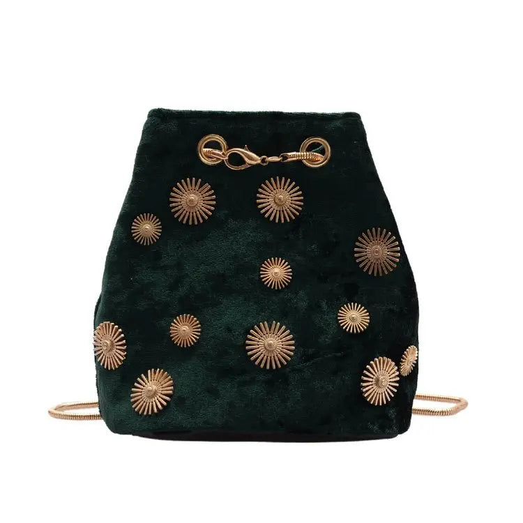 Velvet Shoulder Bag Rivet Crossbody Bucket Handbag