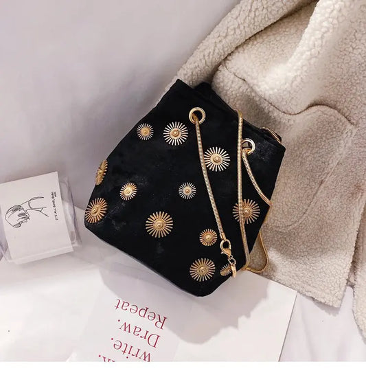 Velvet Shoulder Bag Rivet Crossbody Bucket Handbag