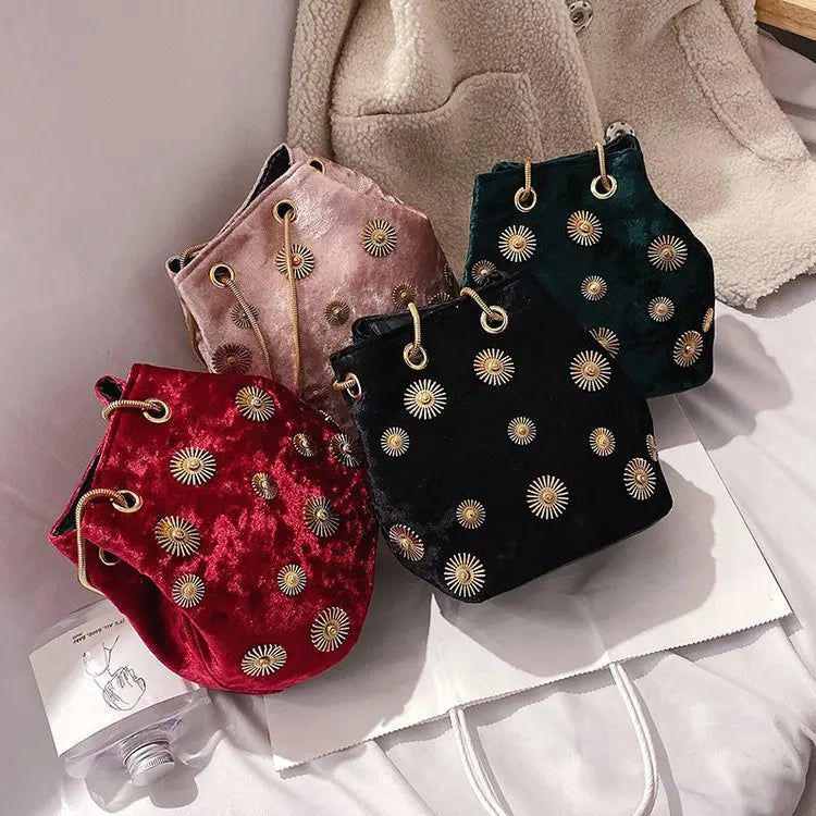 Velvet Shoulder Bag Rivet Crossbody Bucket Handbag