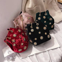 Velvet Shoulder Bag Rivet Crossbody Bucket Handbag