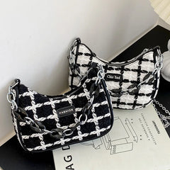 Wool Women's Shoulder Bag Chain Crossbody Bag Half Moon Handbag