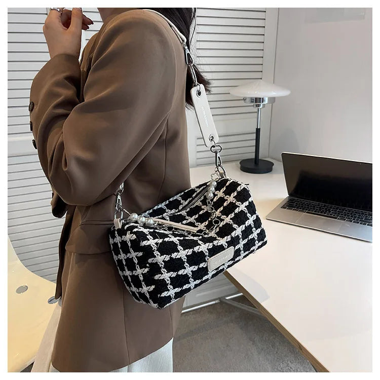 Plaid Quilted Crossbody Bag with Chain Strap