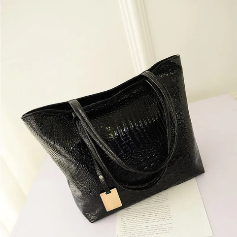 Women Shoulder Bags Silver Crocodile Handbag PU Leather Big Tote Bag