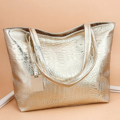 Women Shoulder Bags Silver Crocodile Handbag PU Leather Big Tote Bag